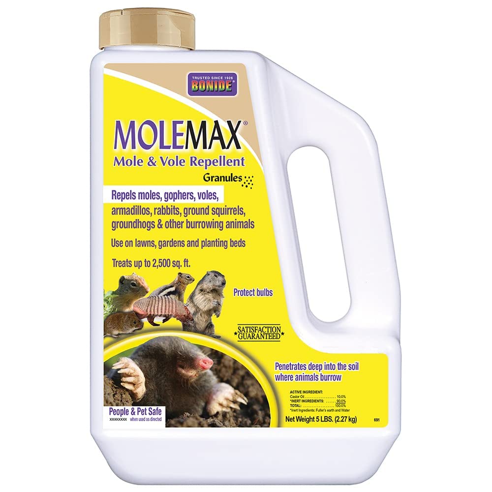 Bonide MoleMax granules for outdoor lawn; deters burrowing pests.