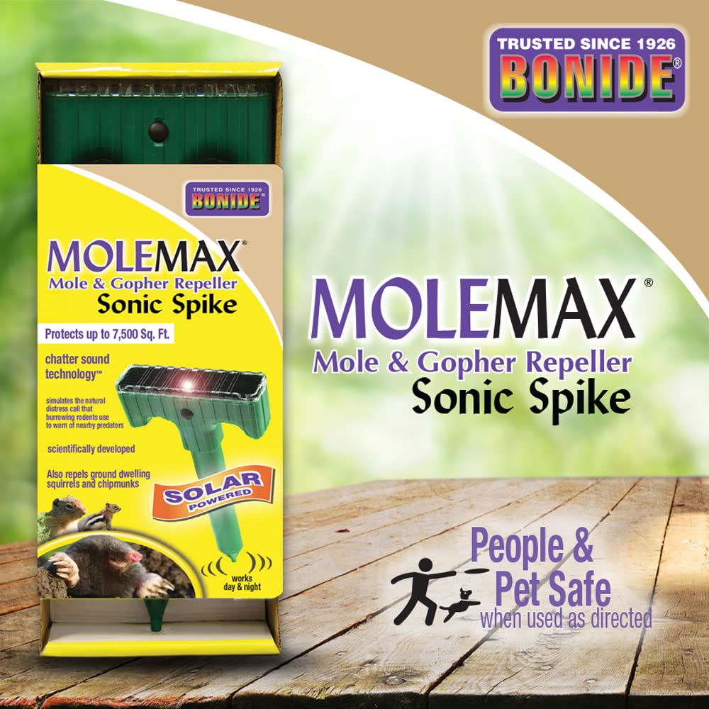 Bonide MoleMax solar-powered stake powering deterrence with daylight.