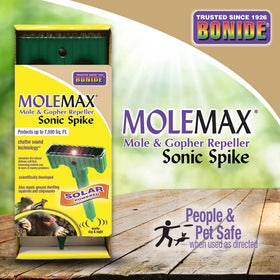 Bonide MoleMax solar-powered stake powering deterrence with daylight.