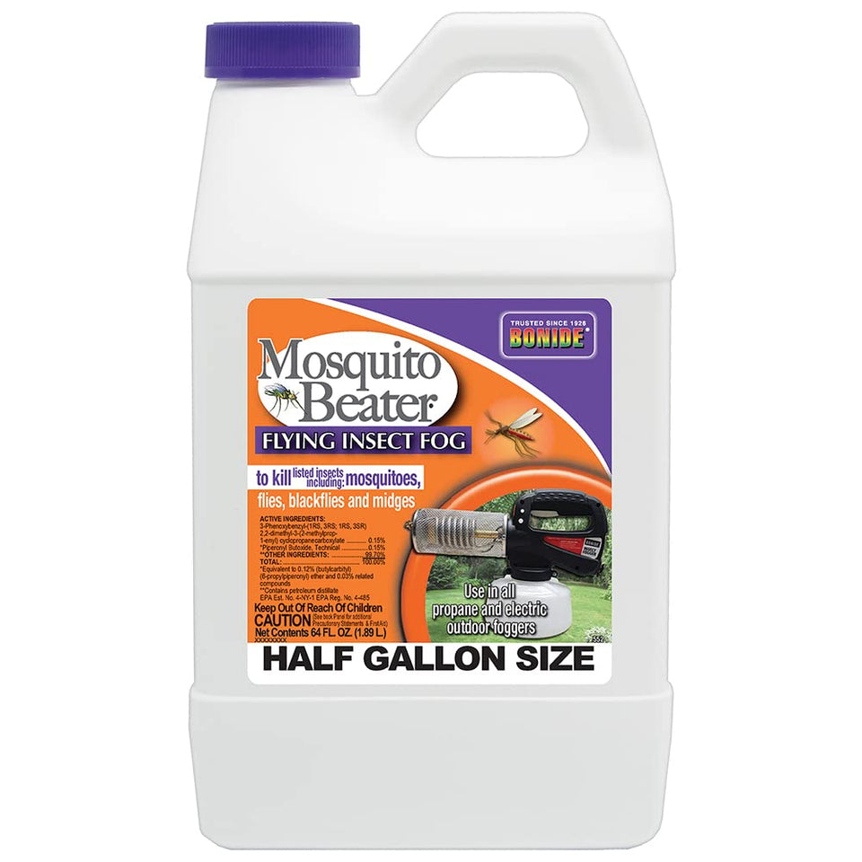 Bonide Mosquito Beater fogger application targets outdoor mosquitoes and flying insects.