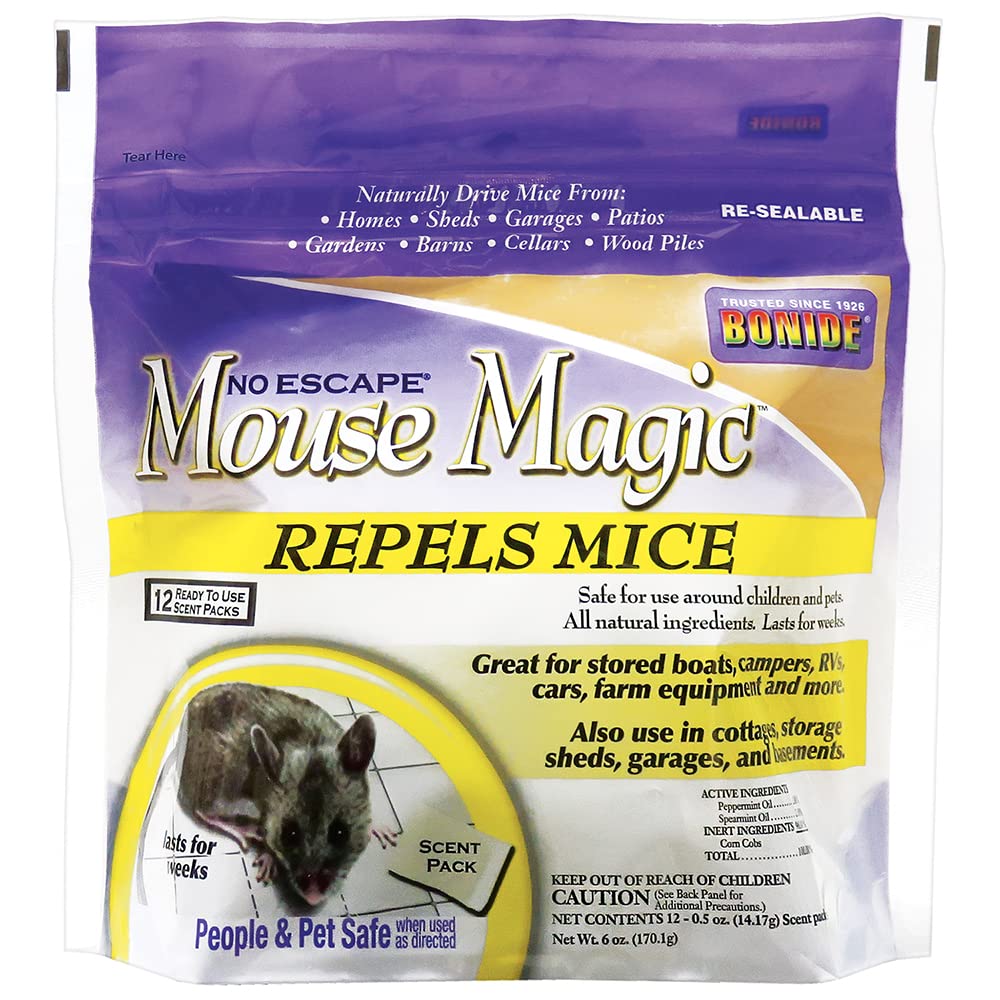 Bonide Mouse Magic Scent Pack packaging shown, ready to repel rodents safely indoors and outdoors without harming pets