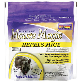 Bonide Mouse Magic Scent Pack packaging shown, ready to repel rodents safely indoors and outdoors without harming pets