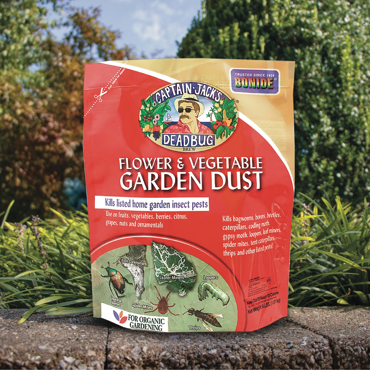 Organic garden dusting process for Bonide product in use