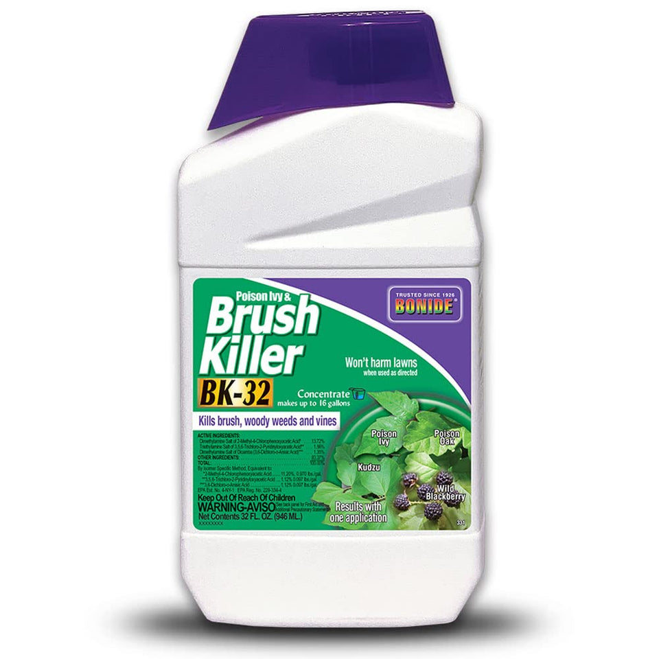 Bonide Poison Ivy & Brush Killer BK-32 bottle for quick weed control.