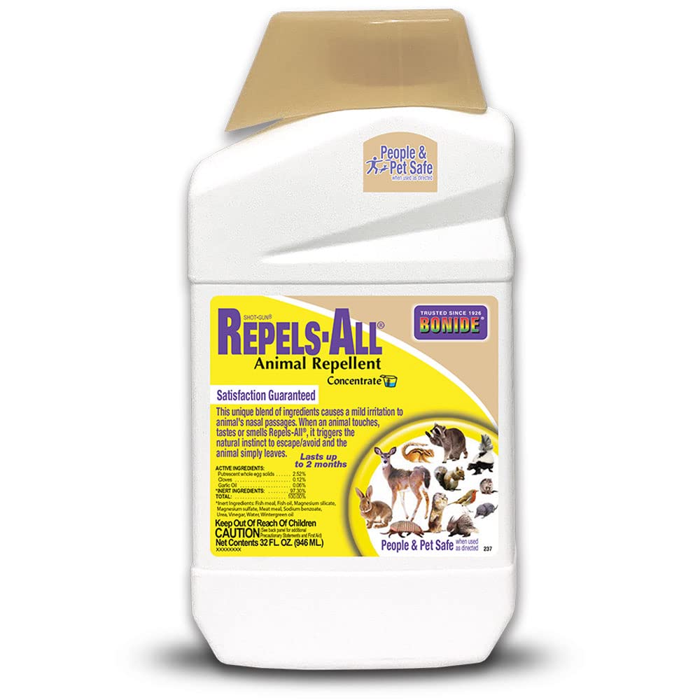 Bonide Repels-All concentrate bottle deters a variety of garden pests