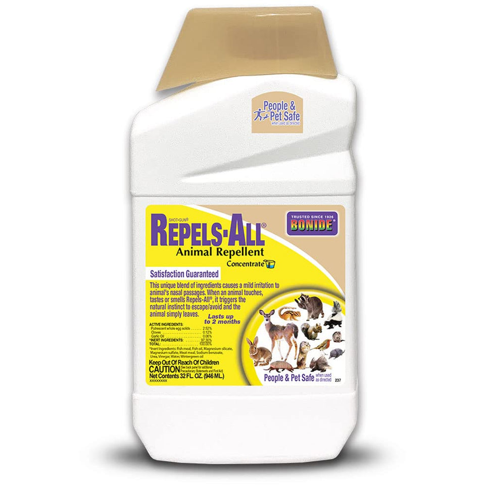 Bonide Repels-All concentrate bottle deters a variety of garden pests