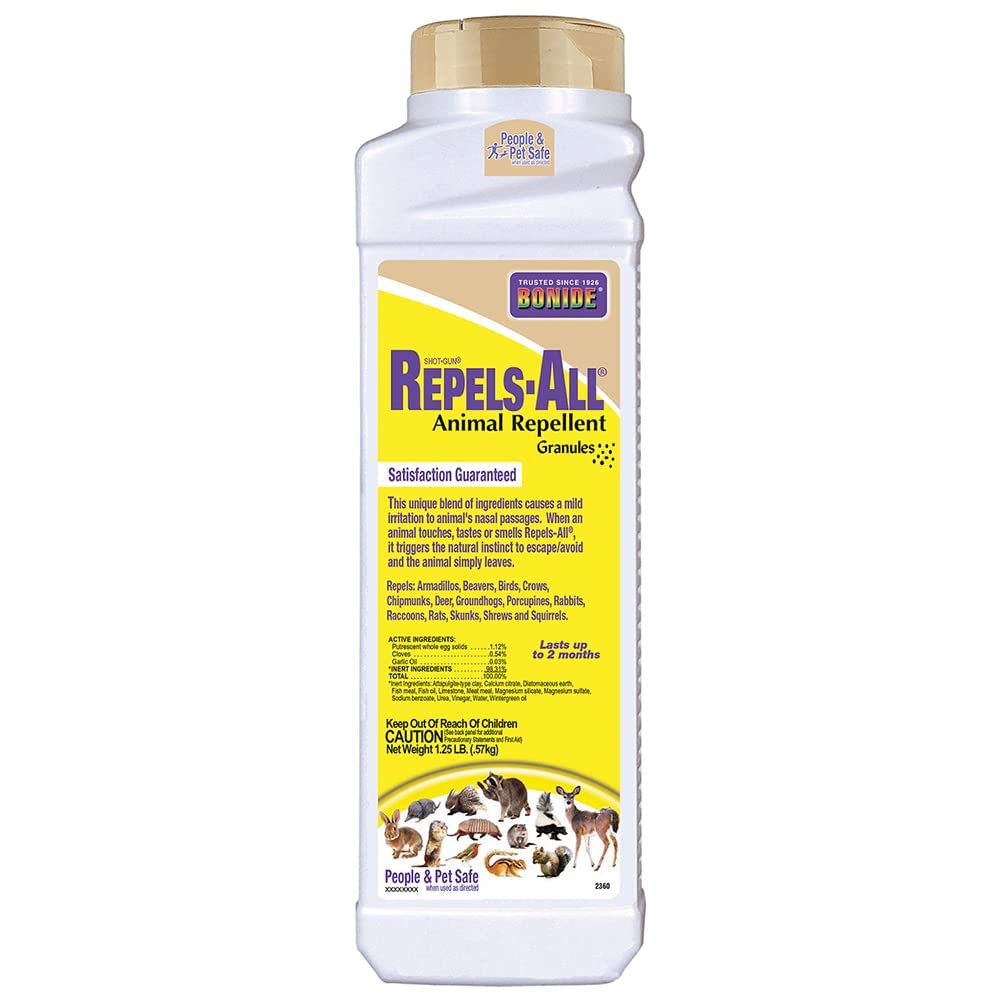 Bonide Repels-All granules form a perimeter barrier to deter yard pests.