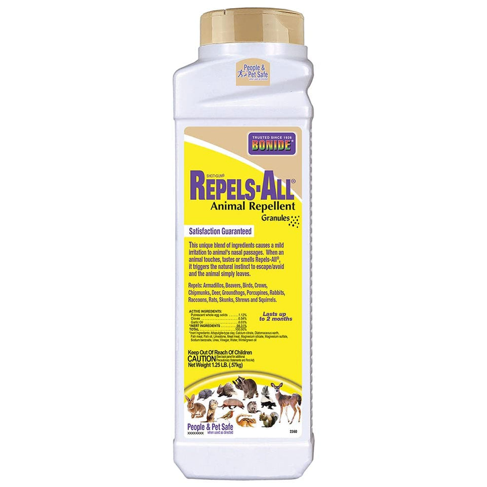 Bonide Repels-All granules form a perimeter barrier to deter yard pests.