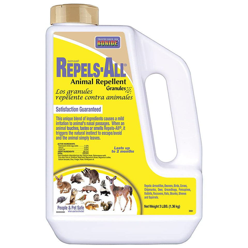 Bonide Repels-All granules bag front for easy garden protection from pests.