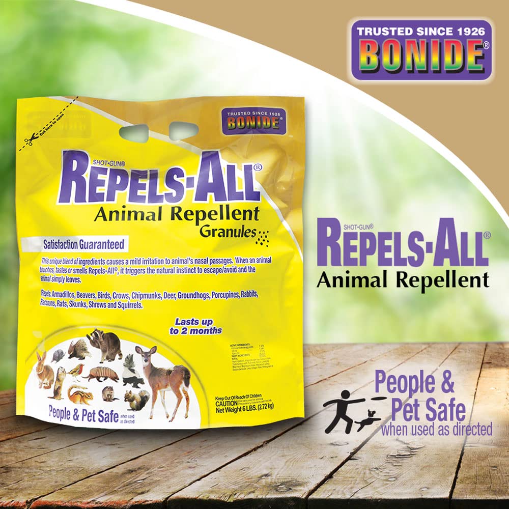 Bonide Repels-All bag and label highlight ready-to-use granules.