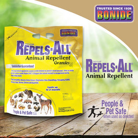 Bonide Repels-All bag and label highlight ready-to-use granules.