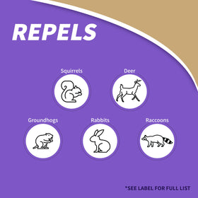 Bonide Repels-All granules spreading around garden beds to deter wildlife.