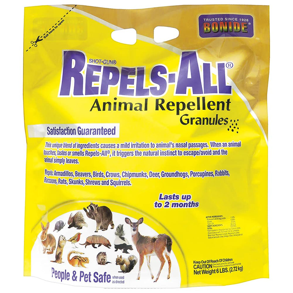 Bonide Repels-All granules create a perimeter barrier around plants to deter pests.