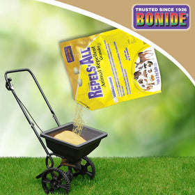Bonide Repels-All granules spread along yard edges for barrier protection.