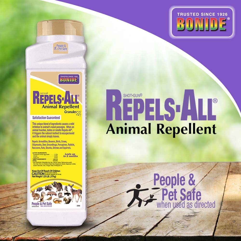 Bonide Repels-All ready to use granules bottle for quick setup.