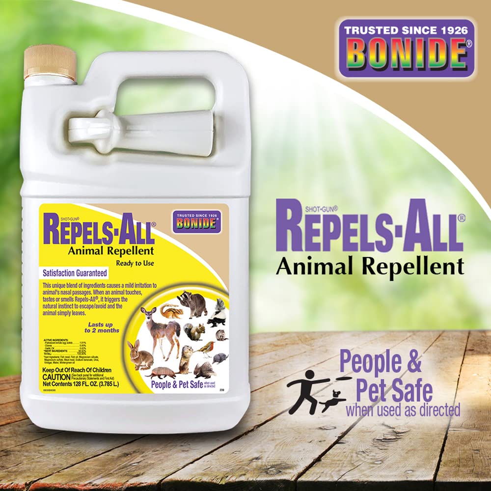 Bonide Repels-All RTU Tan protecting garden perimeter from wildlife
