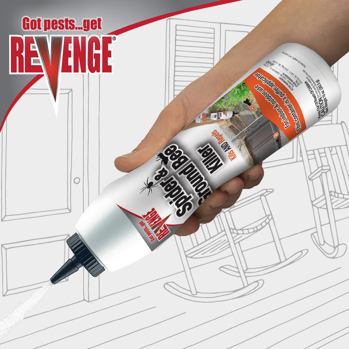Dust application near baseboards and cabinets using Bonide Revenge