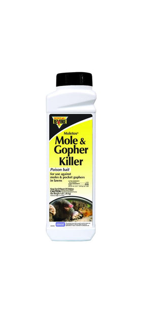 Bonide Revenge Moletox bottle closeup highlights ready-to-use lawn pest bait.
