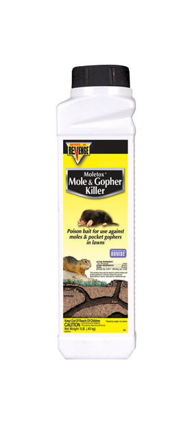 Bonide Revenge Moletox cracked corn bait targets active burrows.