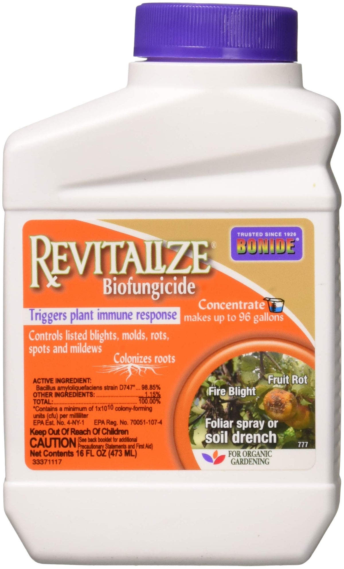 Bonide Revitalize Biofungicide bottle being poured, supports organic disease control in home gardens.