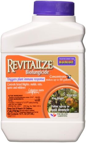 Bonide Revitalize Biofungicide bottle being poured, supports organic disease control in home gardens.