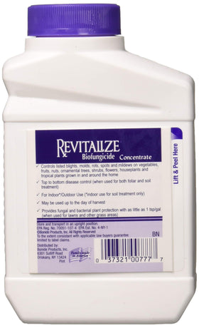 Close-up badge on Bonide Revitalize label; ready-to-mix for spray or soil drench.