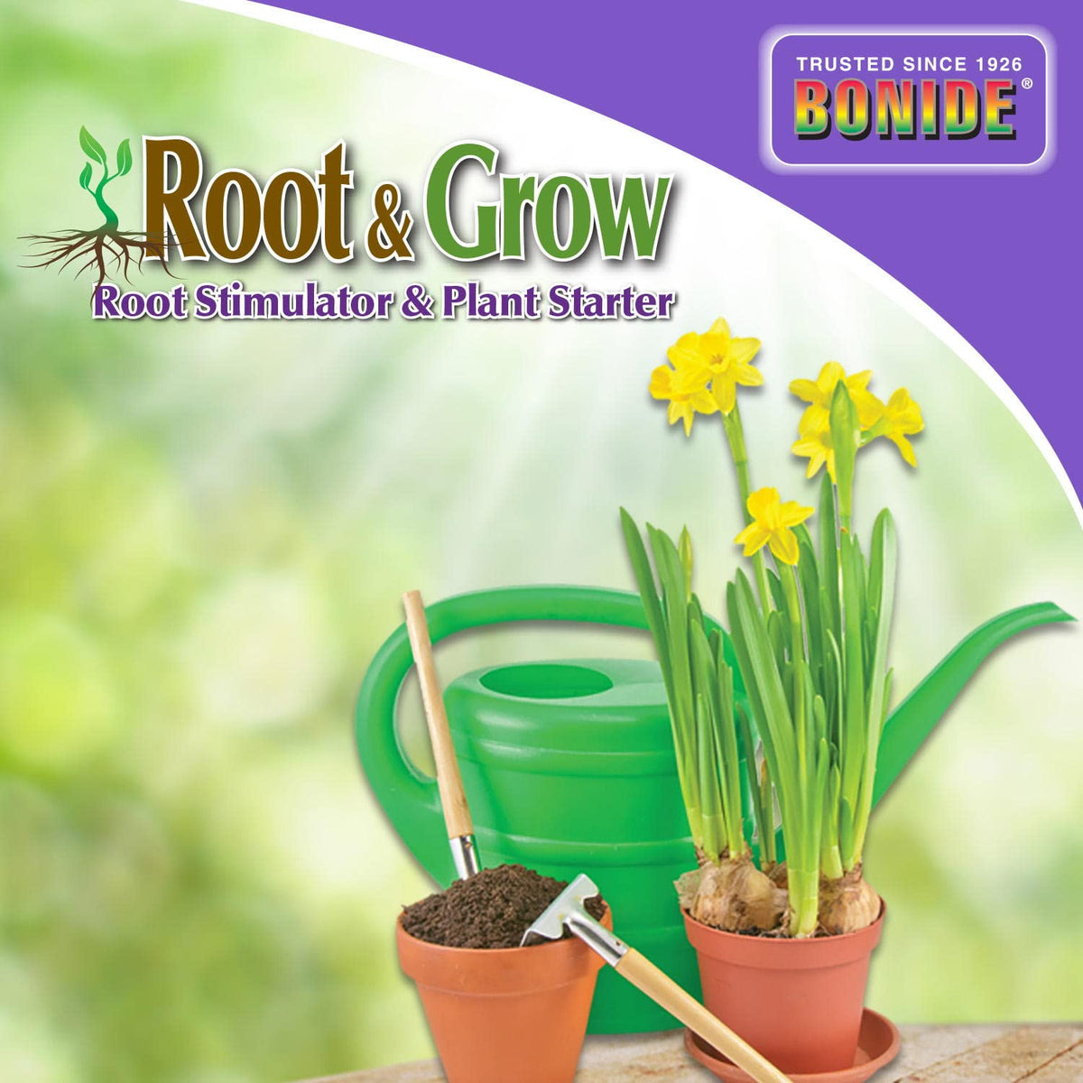 Bonide Root and Grow bottle shown with thriving garden plants