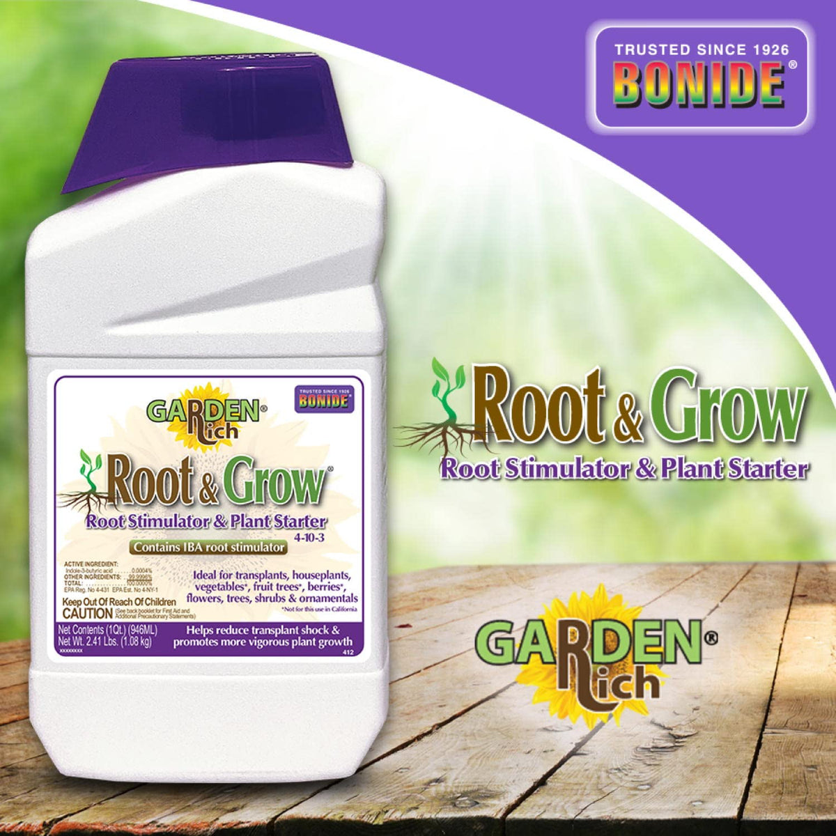 Bonide Root and Grow bottle shows IBA active ingredient for root formation