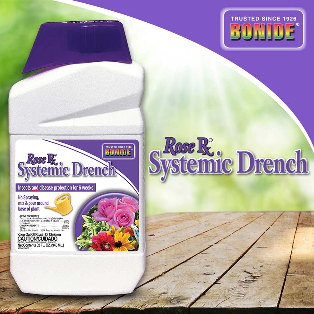 Bonide Rose Rx drench poured around plant base for easy, spray-free use.