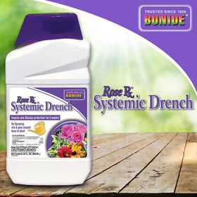 Bonide Rose Rx drench poured around plant base for easy, spray-free use.