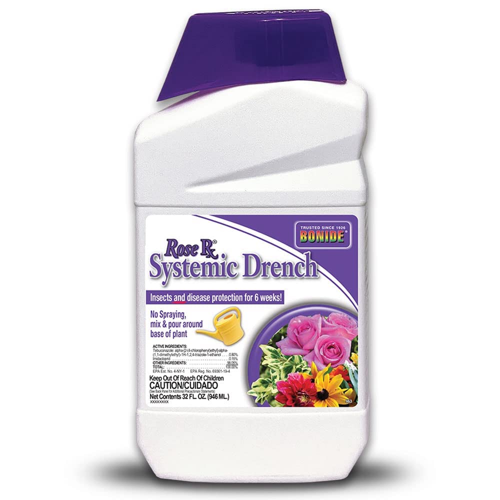 Bonide Rose Rx systemic drench bottle shown with packaging, protects roses for weeks.