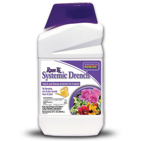 Bonide Rose Rx systemic drench bottle shown with packaging, protects roses for weeks.