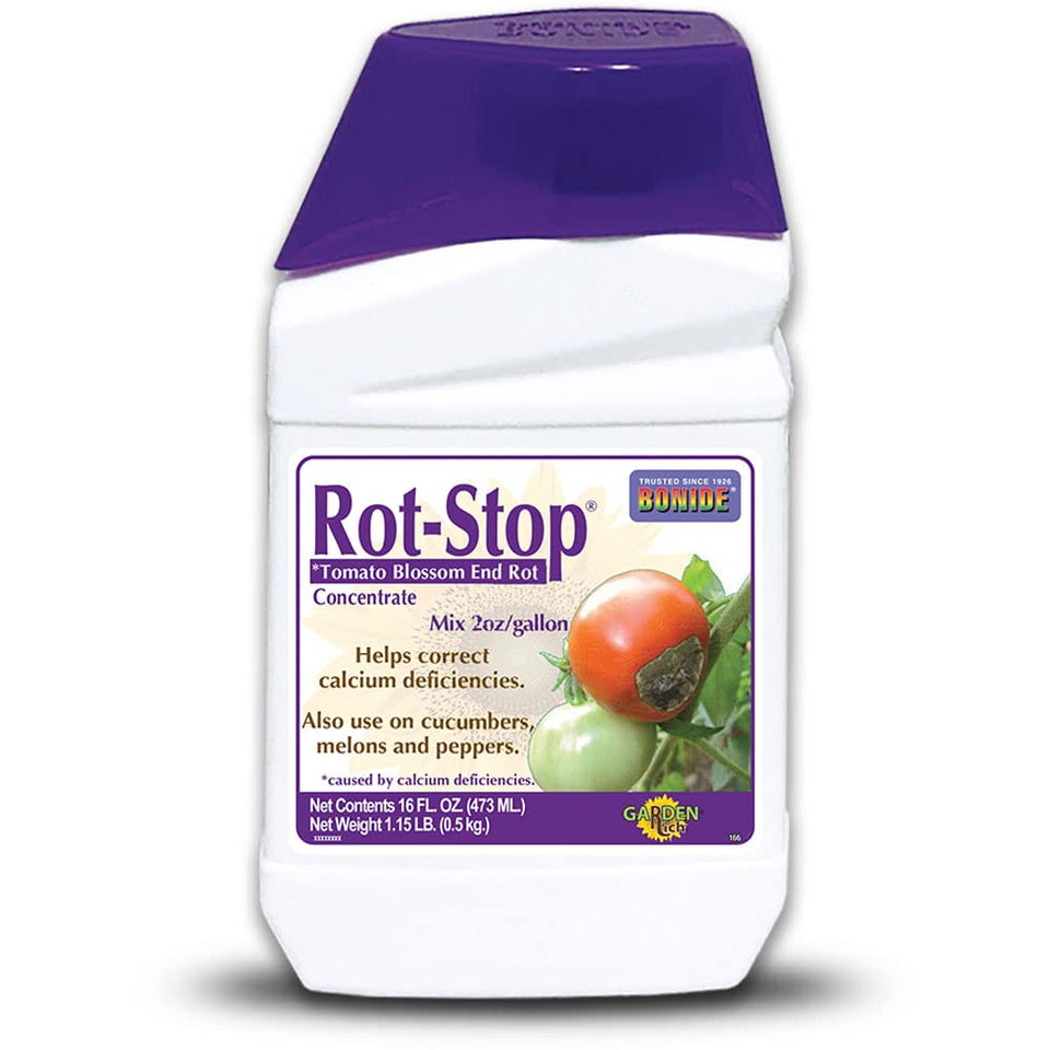 Bonide Rot-Stop bottle label highlighting calcium-based end rot remedy for tomatoes.