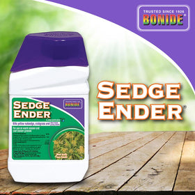 Bonide Sedge Ender before-after photo emphasizes weed reduction around lawn edges.