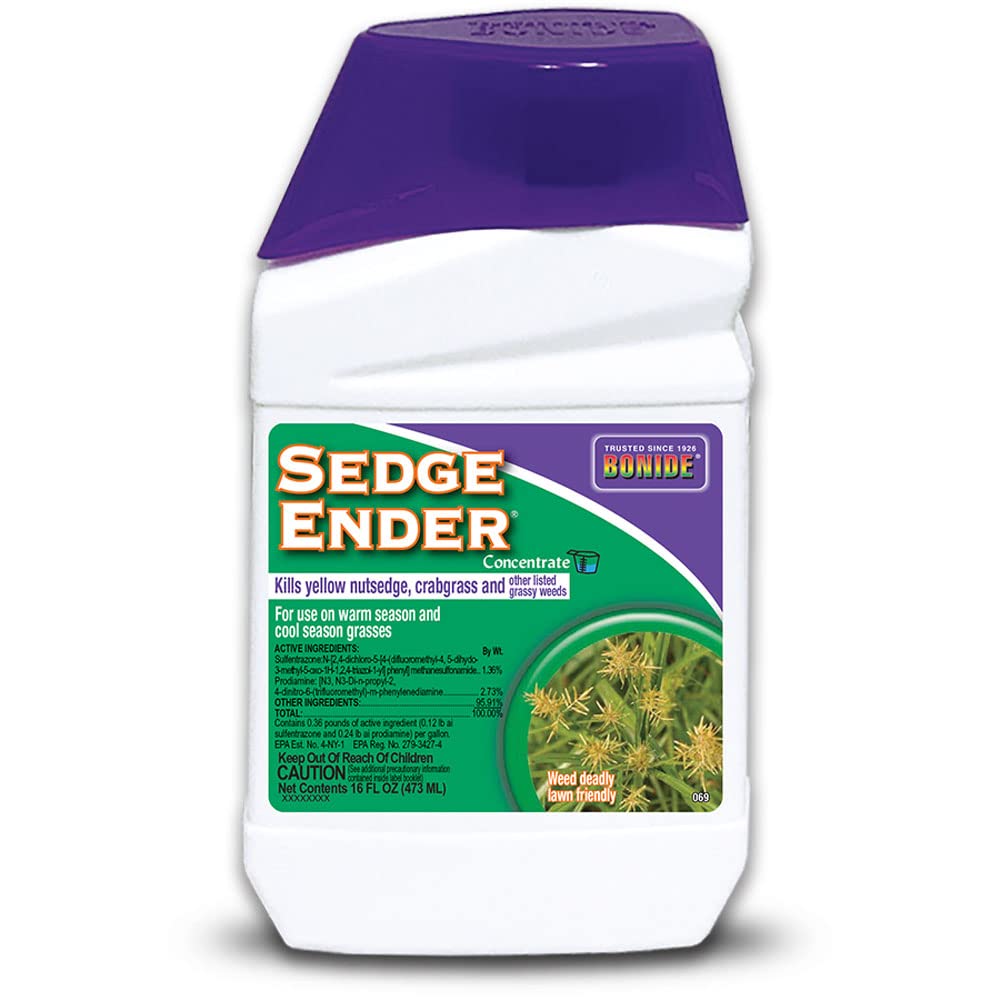 Bonide Sedge Ender bottle and label showing lawn-friendly weed control for warm and cool grasses.