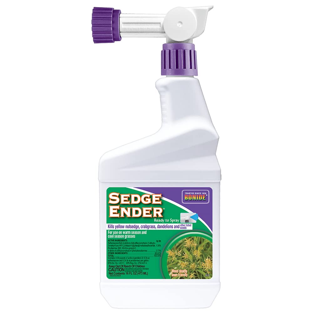Bonide Sedge Ender bottle pour for easy outdoor lawn weed control.