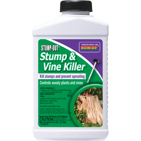 Bonide Stump-Out 8oz bottle pour shows easy application for stump and vine control.