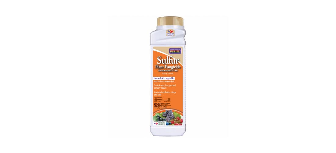 Bonide sulfur disease-control chart displayed for fruit shrubs