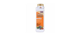 Bonide sulfur disease-control chart displayed for fruit shrubs