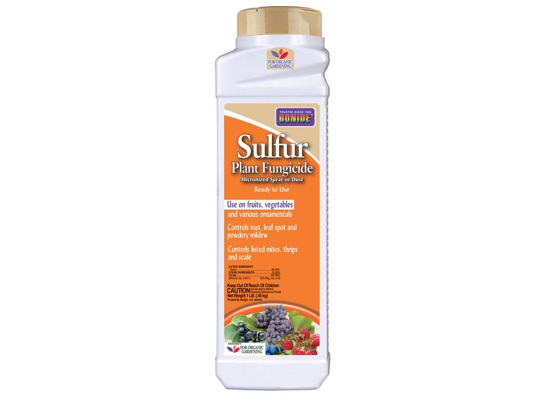Bonide sulfur dust application on leaf surface for disease prevention