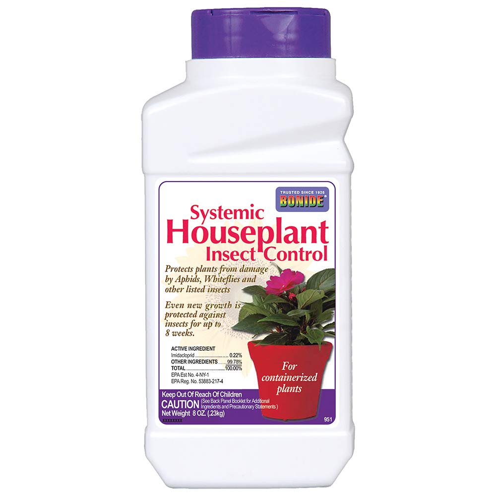 Bonide Systemic Houseplant Insect Control granules on soil surface protect against pests for up to eight weeks.