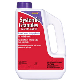Bonide Systemic Insect Control Granules packaging shown for outdoor use and long-lasting protection.