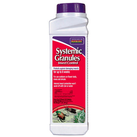 Bonide Systemic Insect Control granules spread on soil surface for root uptake protection