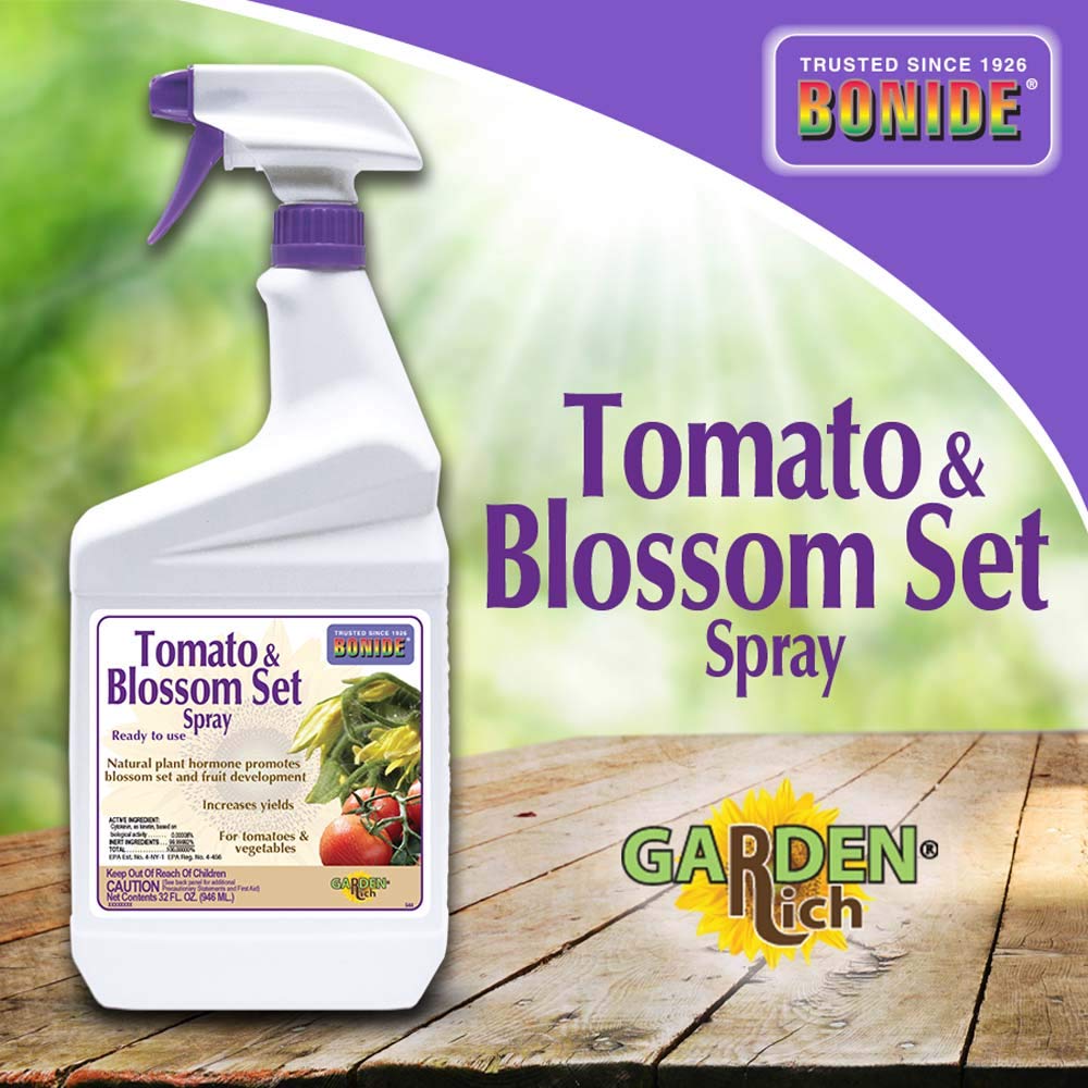 Bonide Tomato & Blossom Spray in garden helping cucumber and pepper plants set fruit
