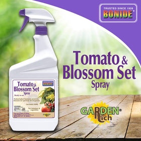 Bonide Tomato & Blossom Spray in garden helping cucumber and pepper plants set fruit