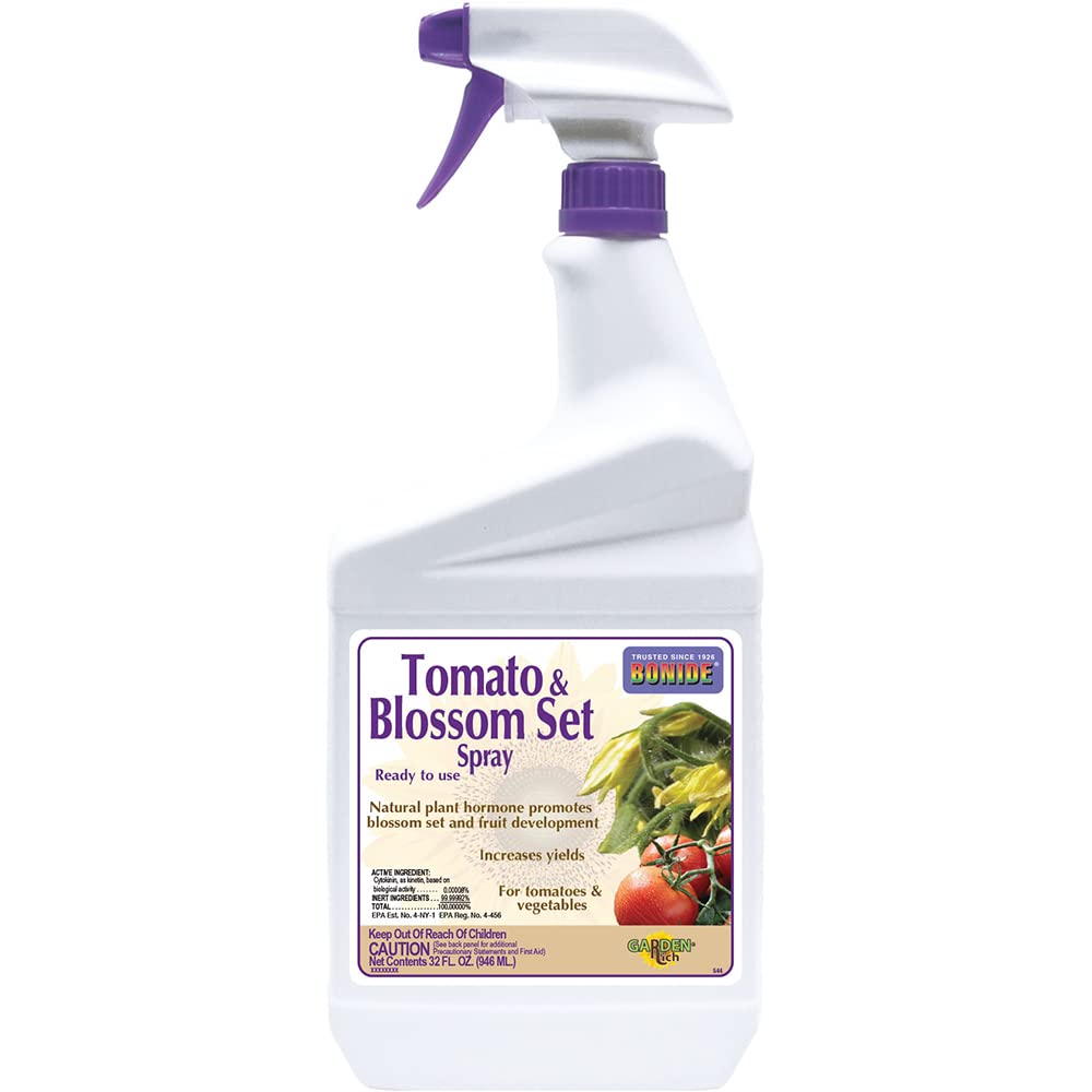 Bonide Tomato & Blossom Spray ready-to-use bottle applying to tomatoes for better bloom