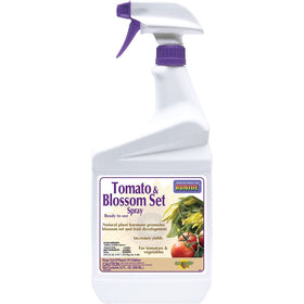 Bonide Tomato & Blossom Spray ready-to-use bottle applying to tomatoes for better bloom