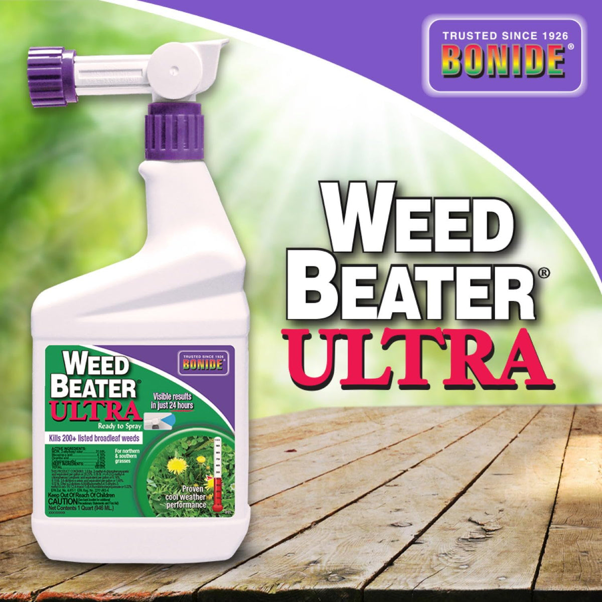 Bonide Weed Beater Ultra label highlights broadleaf weed targets.