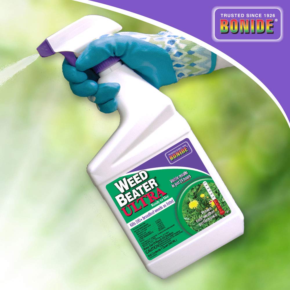 Bonide Weed Beater Ultra lawn application shot showing quick-acting results.