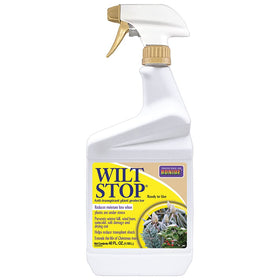 Bonide Wilt Stop bottle and spray protecting plants from moisture loss